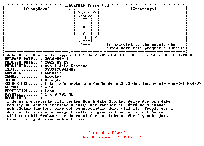 NFO for the release Jake.Skarr.Skargardsklippan.Del.1.Av.2.2025.SWEDiSH.RETAiL.ePub.eBOOK-DECiPHER by DECiPHER