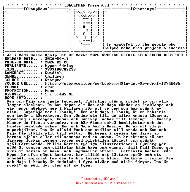 NFO for the release Jali.Madi.Susso.Hjalp.Det.Ar.Morkt.2026.SWEDiSH.RETAiL.ePub.eBOOK-DECiPHER by DECiPHER
