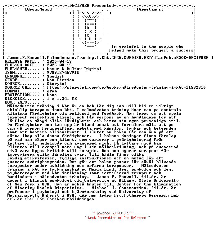 NFO for the release James.F.Boswell.Malmedveten.Traning.I.Kbt.2025.SWEDiSH.RETAiL.ePub.eBOOK-DECiPHER by DECiPHER