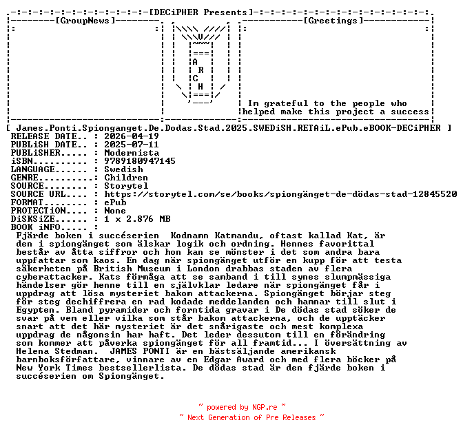 NFO for the release James.Ponti.Spionganget.De.Dodas.Stad.2025.SWEDiSH.RETAiL.ePub.eBOOK-DECiPHER by DECiPHER