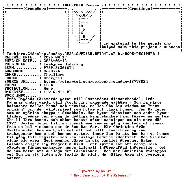 NFO for the release Torbjorn.Gideskog.Sunday.2026.SWEDiSH.RETAiL.ePub.eBOOK-DECiPHER by DECiPHER