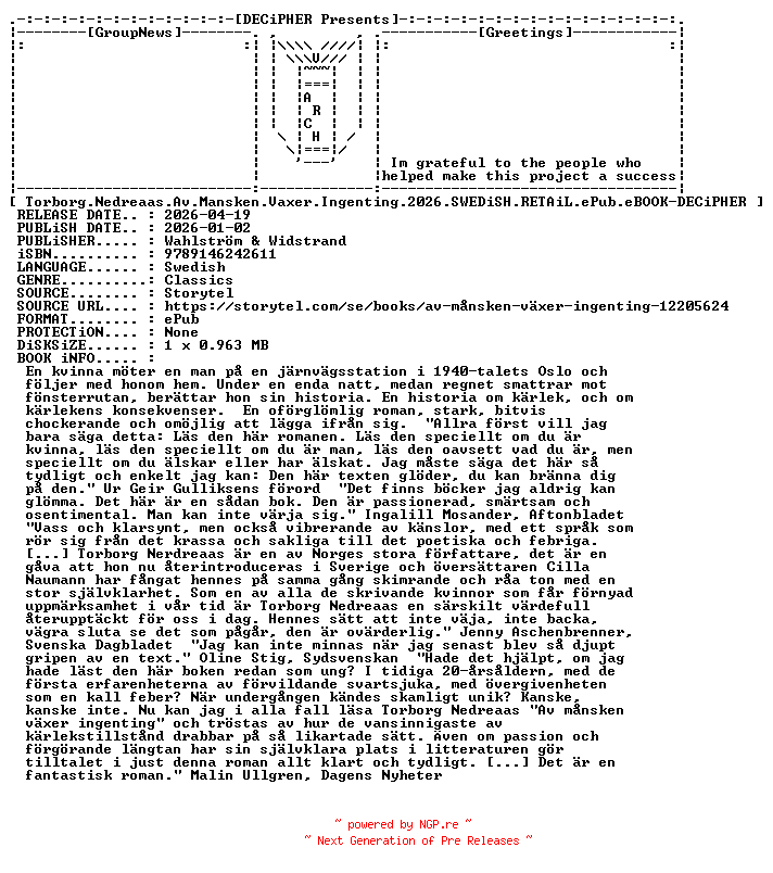 NFO for the release Torborg.Nedreaas.Av.Mansken.Vaxer.Ingenting.2026.SWEDiSH.RETAiL.ePub.eBOOK-DECiPHER by DECiPHER