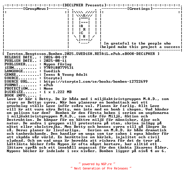 NFO for the release Torsten.Bengtsson.Bomben.2025.SWEDiSH.RETAiL.ePub.eBOOK-DECiPHER by DECiPHER