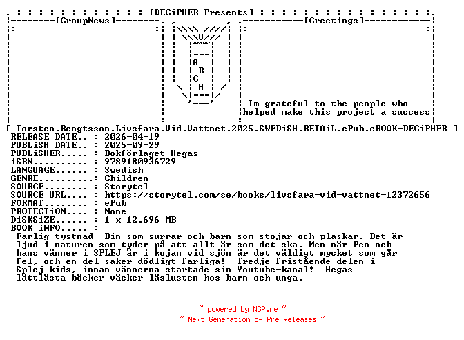 NFO for the release Torsten.Bengtsson.Livsfara.Vid.Vattnet.2025.SWEDiSH.RETAiL.ePub.eBOOK-DECiPHER by DECiPHER