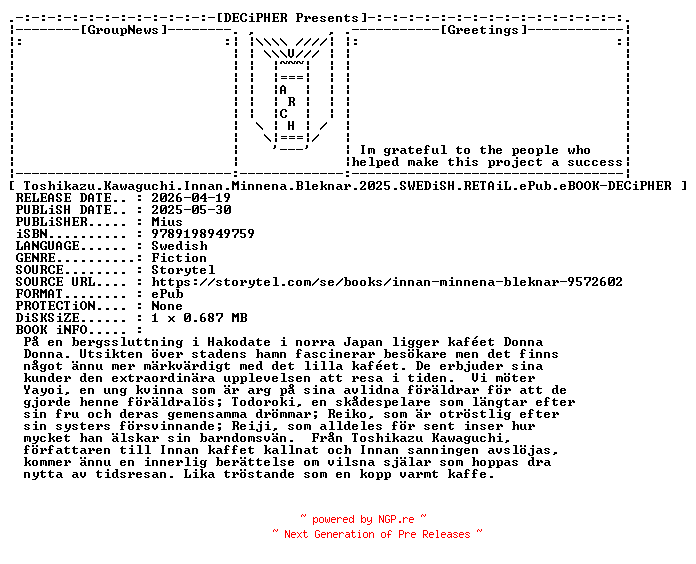 NFO for the release Toshikazu.Kawaguchi.Innan.Minnena.Bleknar.2025.SWEDiSH.RETAiL.ePub.eBOOK-DECiPHER by DECiPHER
