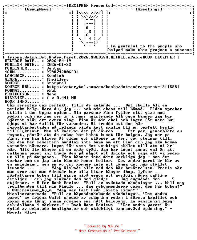 NFO for the release Triona.Walsh.Det.Andra.Paret.2026.SWEDiSH.RETAiL.ePub.eBOOK-DECiPHER by DECiPHER