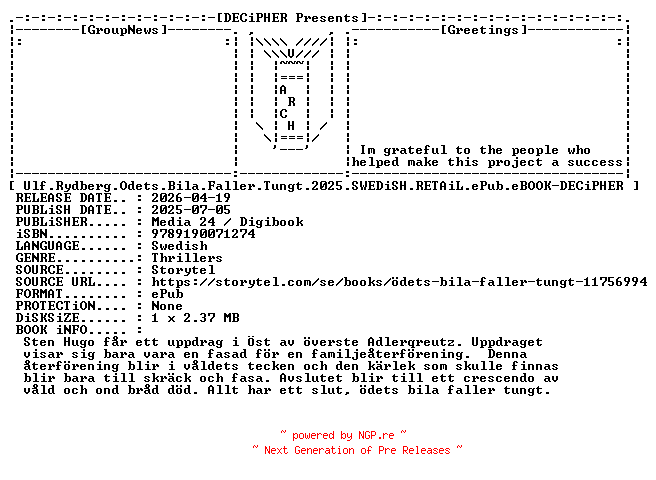 NFO for the release Ulf.Rydberg.Odets.Bila.Faller.Tungt.2025.SWEDiSH.RETAiL.ePub.eBOOK-DECiPHER by DECiPHER