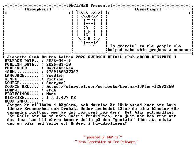 NFO for the release Jeanette.Semb.Brutna.Loften.2026.SWEDiSH.RETAiL.ePub.eBOOK-DECiPHER by DECiPHER