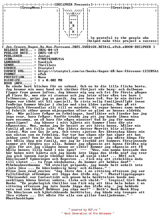 NFO for the release Jen.Craven.Dagen.Da.Hon.Forsvann.2025.SWEDiSH.RETAiL.ePub.eBOOK-DECiPHER by DECiPHER