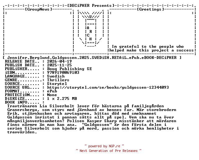 NFO for the release Jennifer.Berglund.Guldgossen.2025.SWEDiSH.RETAiL.ePub.eBOOK-DECiPHER by DECiPHER