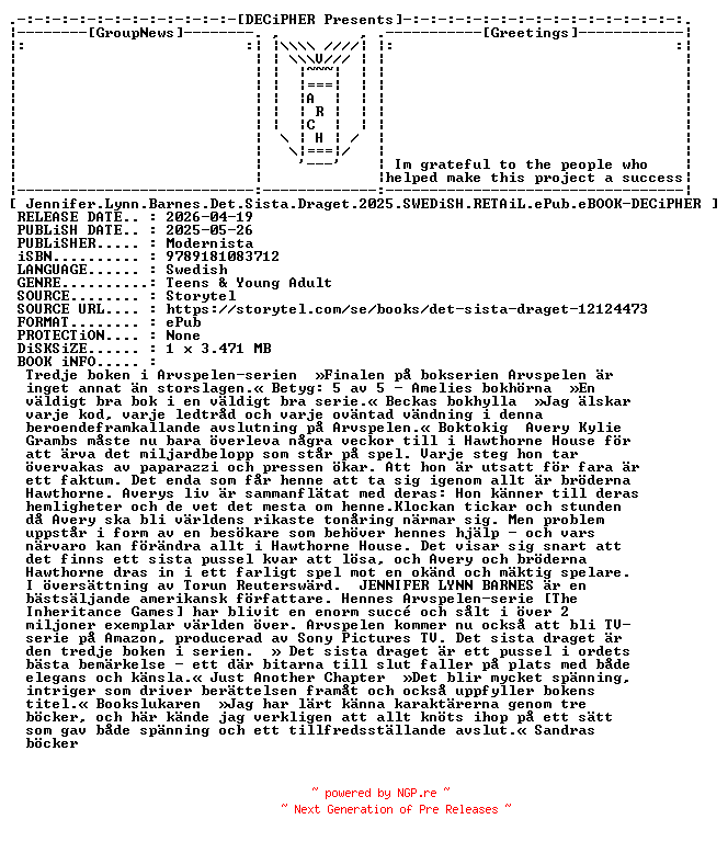 NFO for the release Jennifer.Lynn.Barnes.Det.Sista.Draget.2025.SWEDiSH.RETAiL.ePub.eBOOK-DECiPHER by DECiPHER