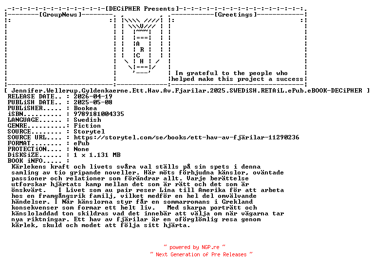 NFO for the release Jennifer.Wellerup.Gyldenkaerne.Ett.Hav.Av.Fjarilar.2025.SWEDiSH.RETAiL.ePub.eBOOK-DECiPHER by DECiPHER