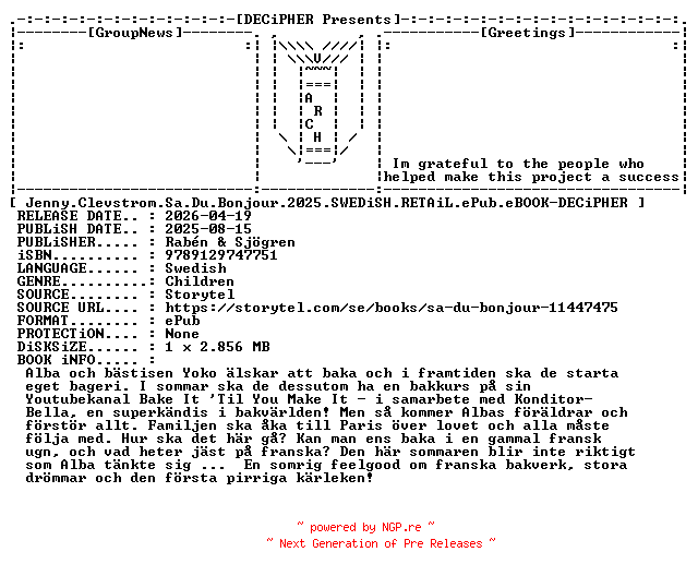 NFO for the release Jenny.Clevstrom.Sa.Du.Bonjour.2025.SWEDiSH.RETAiL.ePub.eBOOK-DECiPHER by DECiPHER