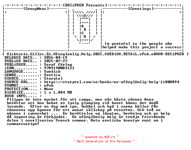 NFO for the release Vicktoria.Gilles.En.Oforglomlig.Helg.2025.SWEDiSH.RETAiL.ePub.eBOOK-DECiPHER by DECiPHER
