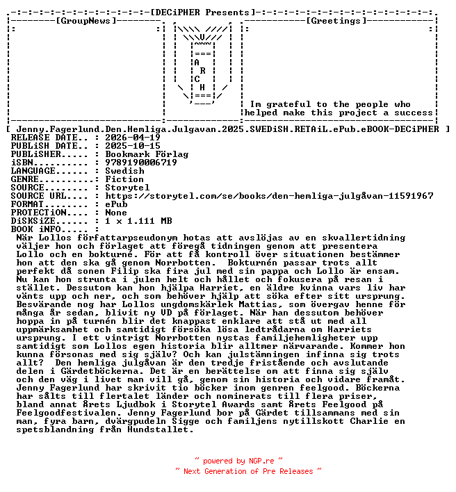 NFO for the release Jenny.Fagerlund.Den.Hemliga.Julgavan.2025.SWEDiSH.RETAiL.ePub.eBOOK-DECiPHER by DECiPHER