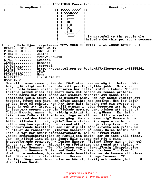 NFO for the release Jenny.Hale.Fjarilssystrarna.2025.SWEDiSH.RETAiL.ePub.eBOOK-DECiPHER by DECiPHER