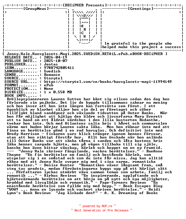 NFO for the release Jenny.Hale.Havsglasets.Magi.2025.SWEDiSH.RETAiL.ePub.eBOOK-DECiPHER by DECiPHER