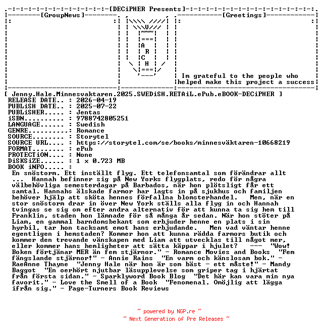 NFO for the release Jenny.Hale.Minnesvaktaren.2025.SWEDiSH.RETAiL.ePub.eBOOK-DECiPHER by DECiPHER