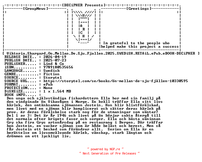 NFO for the release Viktoria.Skargard.On.Mellan.De.Sju.Fjallen.2025.SWEDiSH.RETAiL.ePub.eBOOK-DECiPHER by DECiPHER