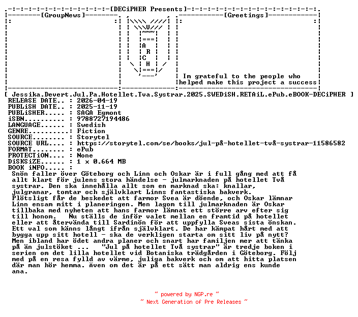 NFO for the release Jessika.Devert.Jul.Pa.Hotellet.Tva.Systrar.2025.SWEDiSH.RETAiL.ePub.eBOOK-DECiPHER by DECiPHER