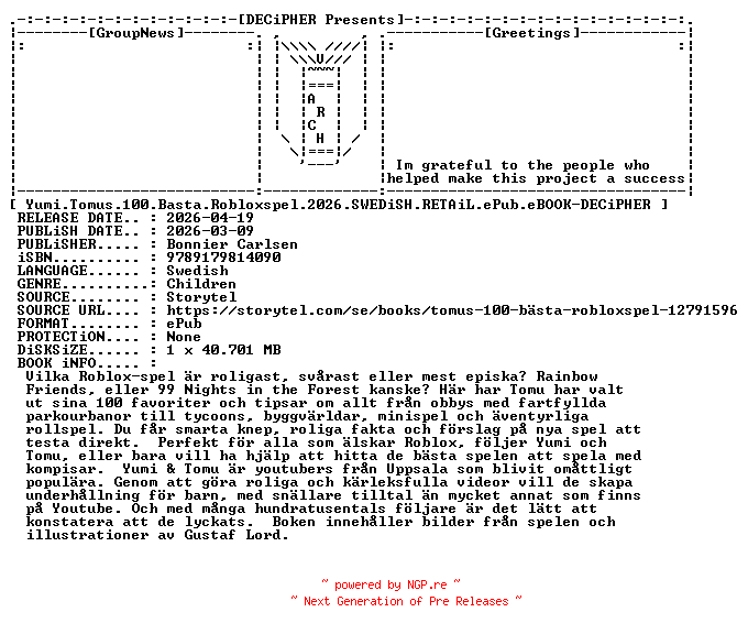 NFO for the release Yumi.Tomus.100.Basta.Robloxspel.2026.SWEDiSH.RETAiL.ePub.eBOOK-DECiPHER by DECiPHER