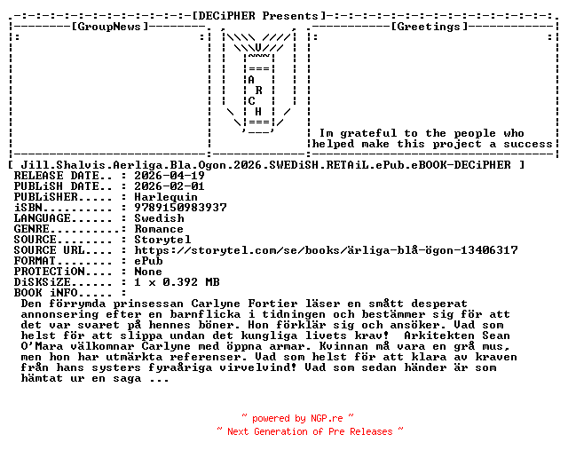 NFO for the release Jill.Shalvis.Aerliga.Bla.Ogon.2026.SWEDiSH.RETAiL.ePub.eBOOK-DECiPHER by DECiPHER