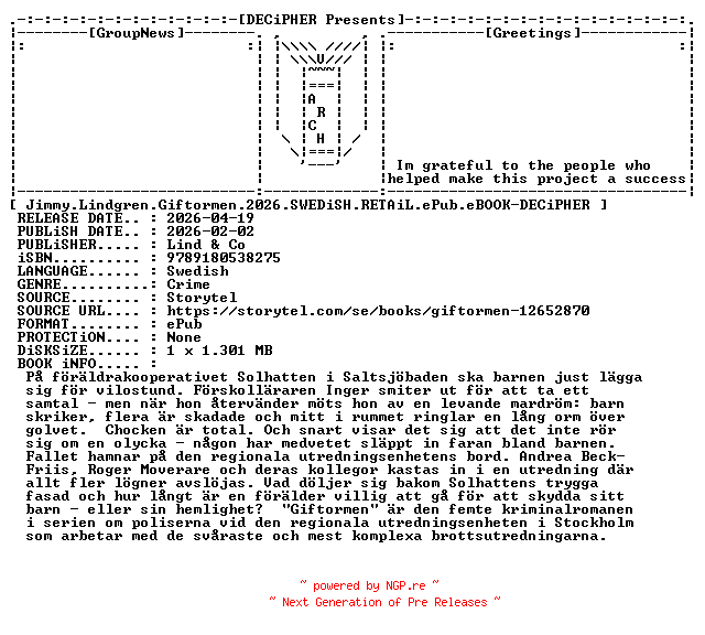 NFO for the release Jimmy.Lindgren.Giftormen.2026.SWEDiSH.RETAiL.ePub.eBOOK-DECiPHER by DECiPHER