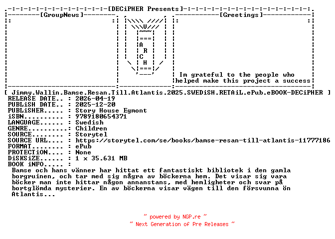 NFO for the release Jimmy.Wallin.Bamse.Resan.Till.Atlantis.2025.SWEDiSH.RETAiL.ePub.eBOOK-DECiPHER by DECiPHER