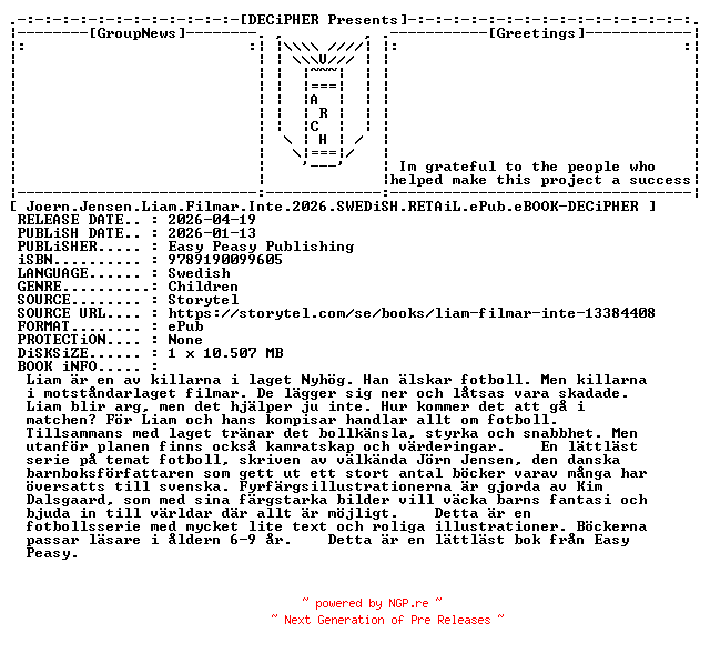 NFO for the release Joern.Jensen.Liam.Filmar.Inte.2026.SWEDiSH.RETAiL.ePub.eBOOK-DECiPHER by DECiPHER