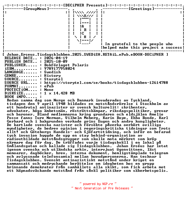 NFO for the release Johan.Erseus.Tisdagsklubben.2025.SWEDiSH.RETAiL.ePub.eBOOK-DECiPHER by DECiPHER