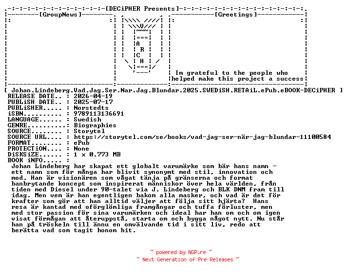 NFO for the release Johan.Lindeberg.Vad.Jag.Ser.Nar.Jag.Blundar.2025.SWEDiSH.RETAiL.ePub.eBOOK-DECiPHER by DECiPHER