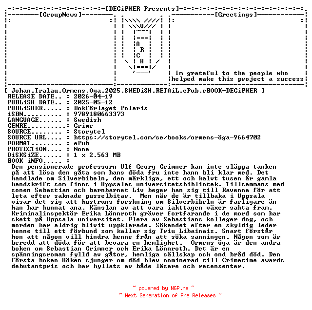 NFO for the release Johan.Tralau.Ormens.Oga.2025.SWEDiSH.RETAiL.ePub.eBOOK-DECiPHER by DECiPHER