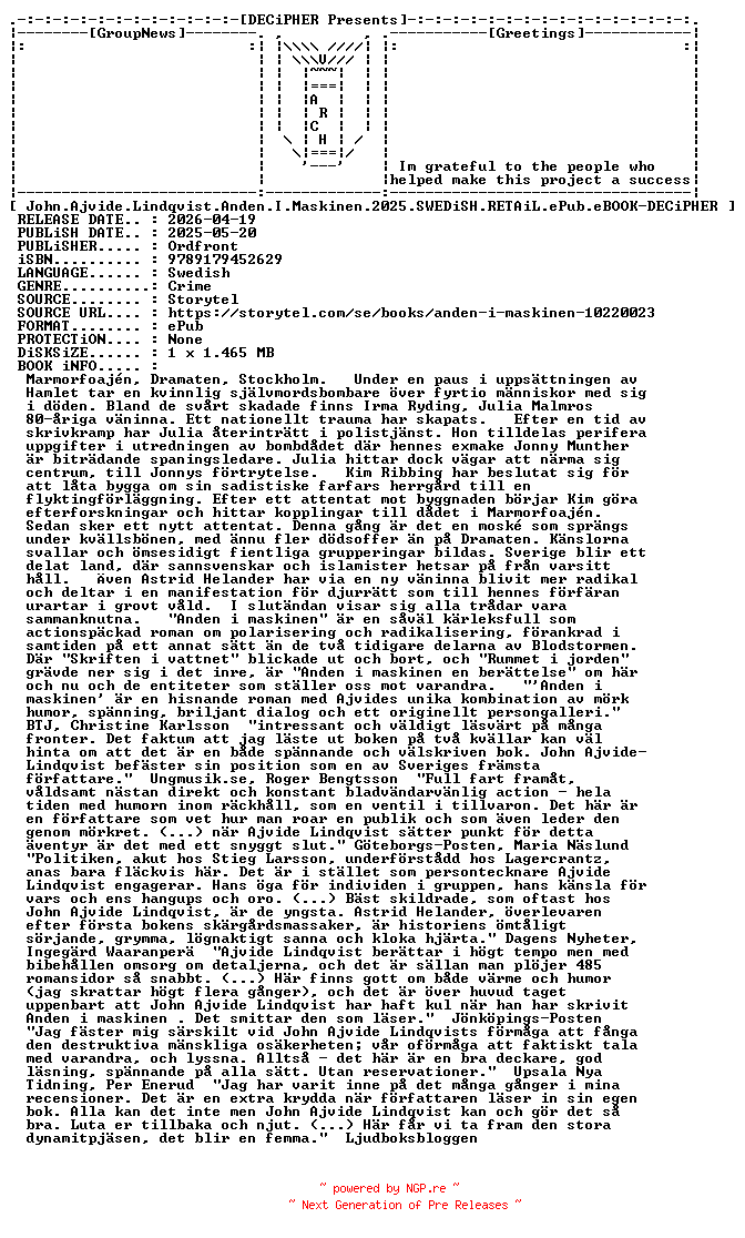 NFO for the release John.Ajvide.Lindqvist.Anden.I.Maskinen.2025.SWEDiSH.RETAiL.ePub.eBOOK-DECiPHER by DECiPHER