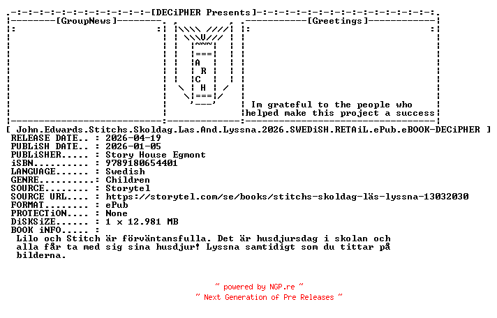 NFO for the release John.Edwards.Stitchs.Skoldag.Las.And.Lyssna.2026.SWEDiSH.RETAiL.ePub.eBOOK-DECiPHER by DECiPHER