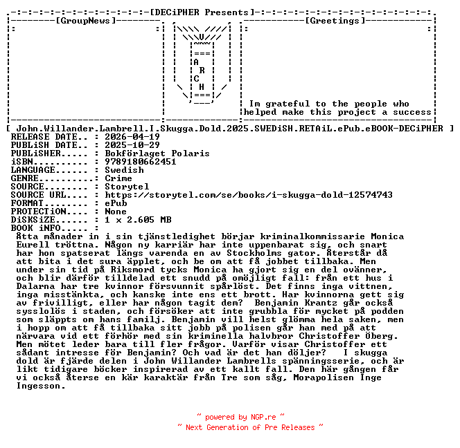 NFO for the release John.Willander.Lambrell.I.Skugga.Dold.2025.SWEDiSH.RETAiL.ePub.eBOOK-DECiPHER by DECiPHER