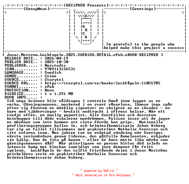 NFO for the release Jonas.Mostrom.Lockfageln.2025.SWEDiSH.RETAiL.ePub.eBOOK-DECiPHER by DECiPHER