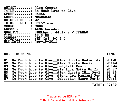 NFO for the release alex_guesta-so_much_love_to_give-(mdcds032)-prooffix-cdm-2011 by 2011