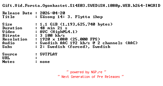 NFO for the release Gift.Vid.Forsta.Ogonkastet.S14E03.SWEDiSH.1080p.WEB.h264-INGRID by INGRID