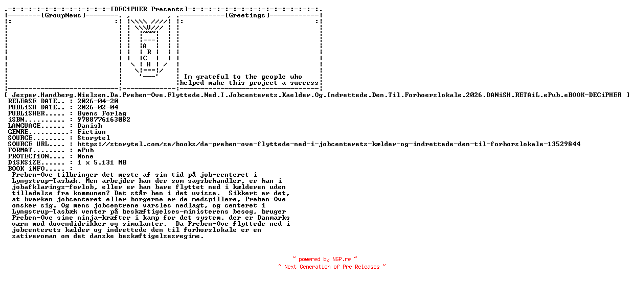 NFO for the release Jesper.Handberg.Nielsen.Da.Preben.Ove.Flyttede.Ned.I.Jobcenterets.Kaelder.Og.Indrettede.Den.Til.Forhoerslokale.2026.DANiSH.RETAiL.ePub.eBOOK-DECiPHER by DECiPHER