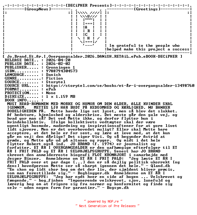 NFO for the release Jo.Brand.Et.Ar.I.Overgangsalder.2026.DANiSH.RETAiL.ePub.eBOOK-DECiPHER by DECiPHER