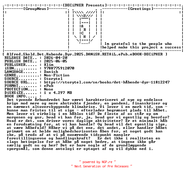 NFO for the release Alfred.Skold.Det.Habende.Dyr.2025.DANiSH.RETAiL.ePub.eBOOK-DECiPHER by DECiPHER