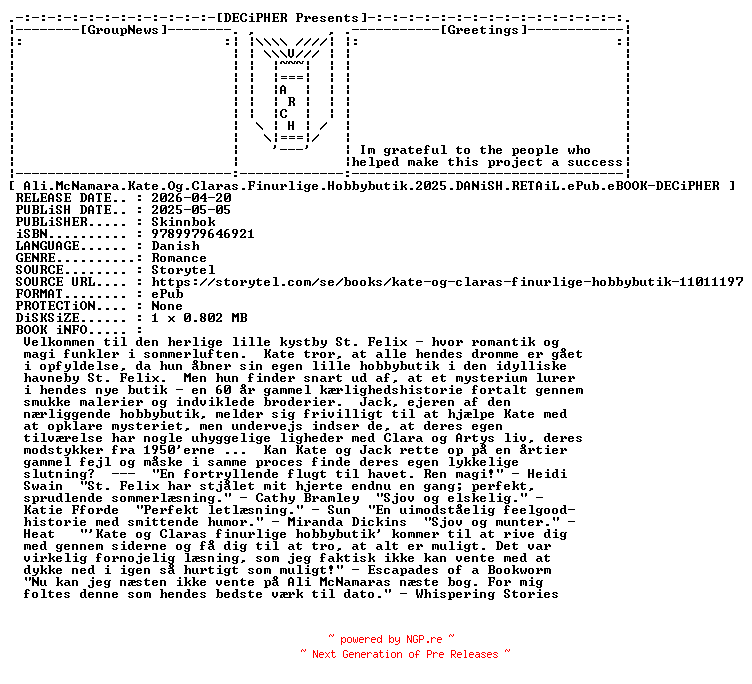 NFO for the release Ali.McNamara.Kate.Og.Claras.Finurlige.Hobbybutik.2025.DANiSH.RETAiL.ePub.eBOOK-DECiPHER by DECiPHER