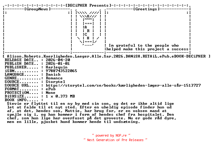 NFO for the release Alison.Roberts.Kaerligheden.Laeger.Alle.Sar.2026.DANiSH.RETAiL.ePub.eBOOK-DECiPHER by DECiPHER