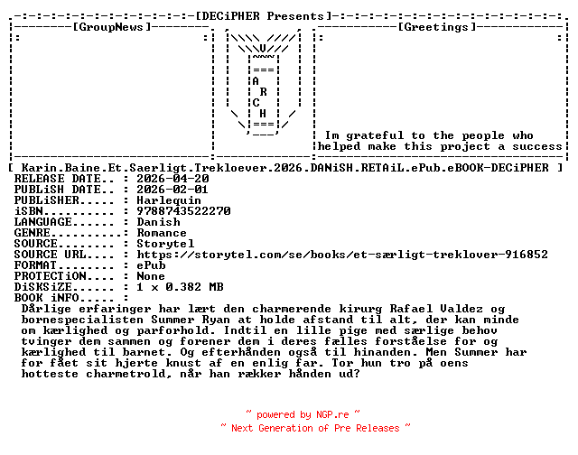 NFO for the release Karin.Baine.Et.Saerligt.Trekloever.2026.DANiSH.RETAiL.ePub.eBOOK-DECiPHER by DECiPHER