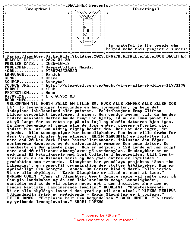 NFO for the release Karin.Slaughter.Vi.Er.Alle.Skyldige.2025.DANiSH.RETAiL.ePub.eBOOK-DECiPHER by DECiPHER