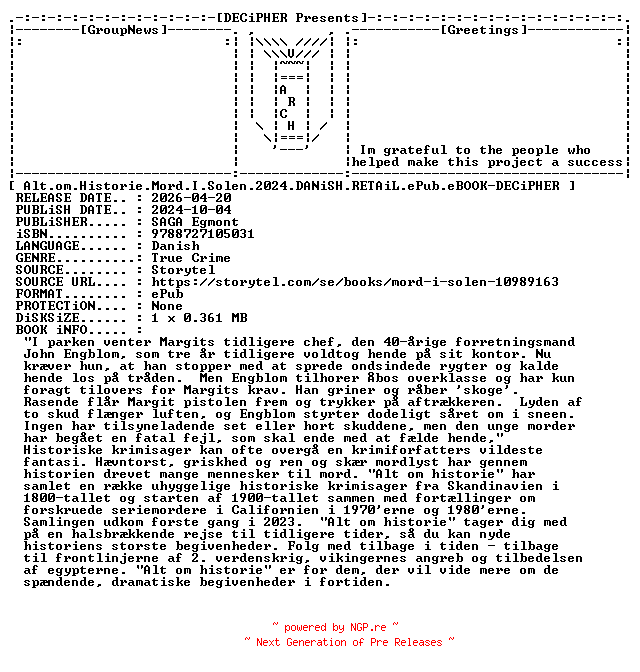 NFO for the release Alt.Om.Historie.Mord.I.Solen.2024.DANiSH.RETAiL.ePub.eBOOK-DECiPHER by DECiPHER
