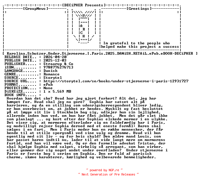 NFO for the release Karolina.Schutzer.Under.Stjernerne.I.Paris.2025.DANiSH.RETAiL.ePub.eBOOK-DECiPHER by DECiPHER