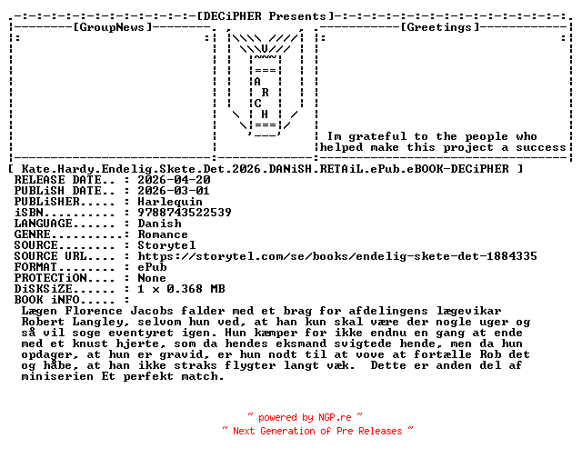 NFO for the release Kate.Hardy.Endelig.Skete.Det.2026.DANiSH.RETAiL.ePub.eBOOK-DECiPHER by DECiPHER