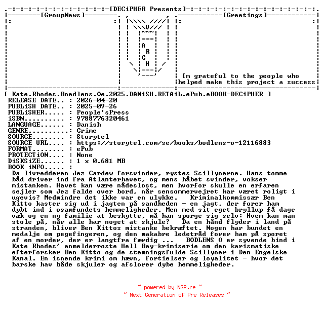 NFO for the release Kate.Rhodes.Boedlens.Oe.2025.DANiSH.RETAiL.ePub.eBOOK-DECiPHER by DECiPHER