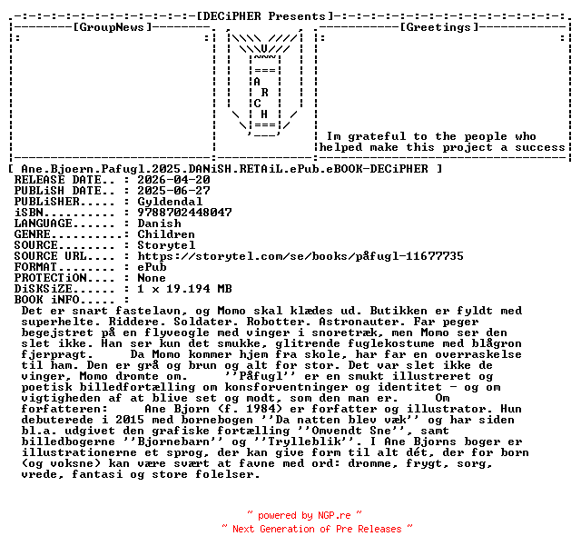 NFO for the release Ane.Bjoern.Pafugl.2025.DANiSH.RETAiL.ePub.eBOOK-DECiPHER by DECiPHER